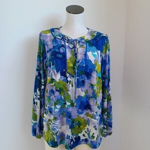 Susan Graver Tunic Blouse Purple Green Floral Print Peasant Womens Medium